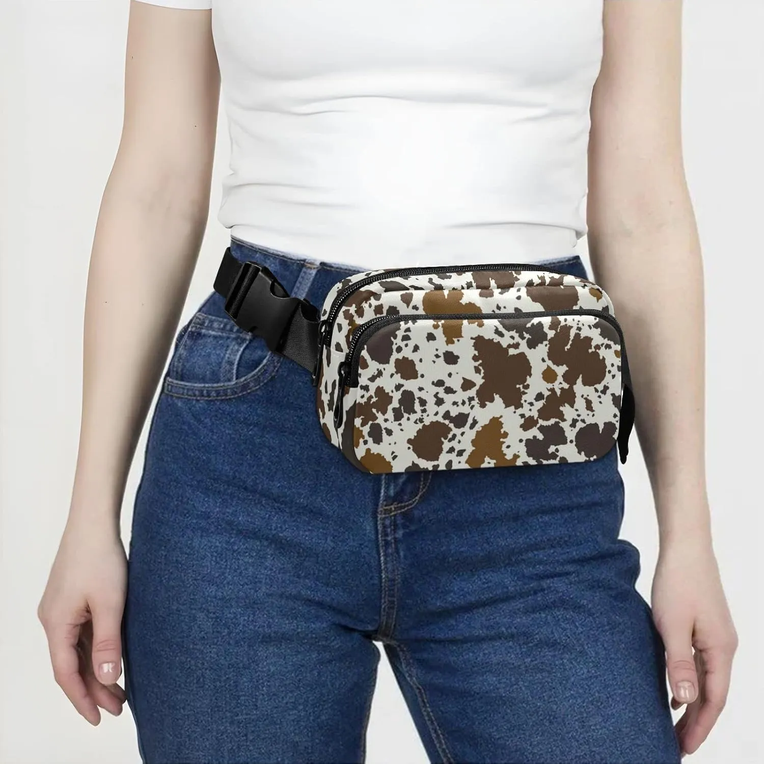 Cow Skin Print Fanny Pack for Women Men Belt Bag Crossbody Waist Pouch Waterproof Everywhere Purse Fashion Sling Bag for Running Hiking Workout Travel