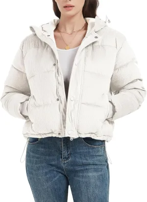 COZYPOIN Women's Winter Puffer Coats Corduroy Down Jacket Quilted Hooded Warm Padded Outerwear