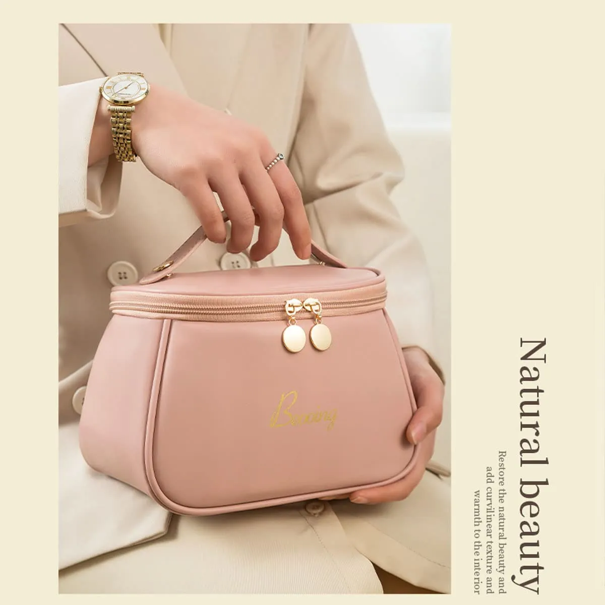 Cube Style PU Modern Simple and Large Capacity Cosmetic Bag for Easy Carrying of Travel Ladies' Makeup Bag (Pink)