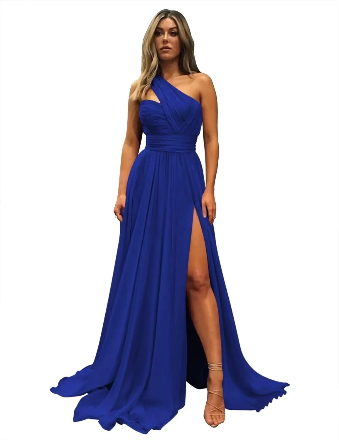 Cudiew One Shoulder Bridesmaid Dresses for Wedding with Slit Pleated Chiffon Formal Evening Gowns