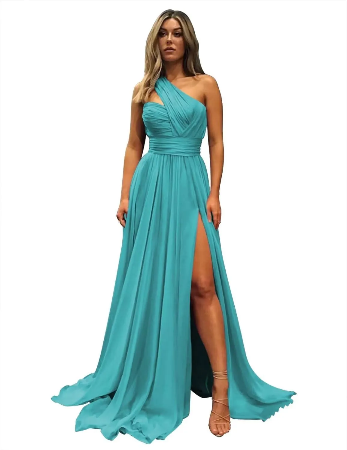 Cudiew One Shoulder Bridesmaid Dresses for Wedding with Slit Pleated Chiffon Formal Evening Gowns