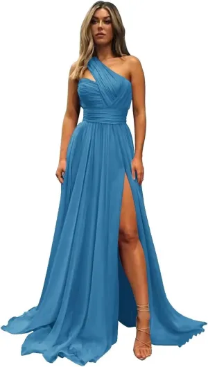 Cudiew One Shoulder Bridesmaid Dresses for Wedding with Slit Pleated Chiffon Formal Evening Gowns