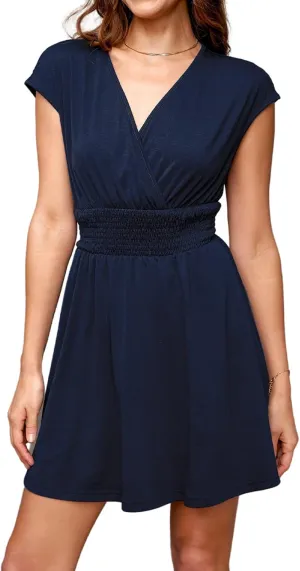 CUPSHE Women Mini Dress Smocked Dress Cap Sleeve A line Sundress Flowy Dresses Trendy Vacation Outfits