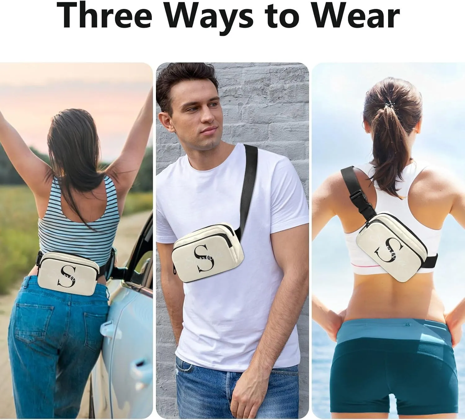 Custom Beige Fanny Pack for Women Men Personalizied Belt Bag Crossbody Waist Pouch Waterproof Everywhere Purse Fashion Sling Bag for Workout Hiking Travel