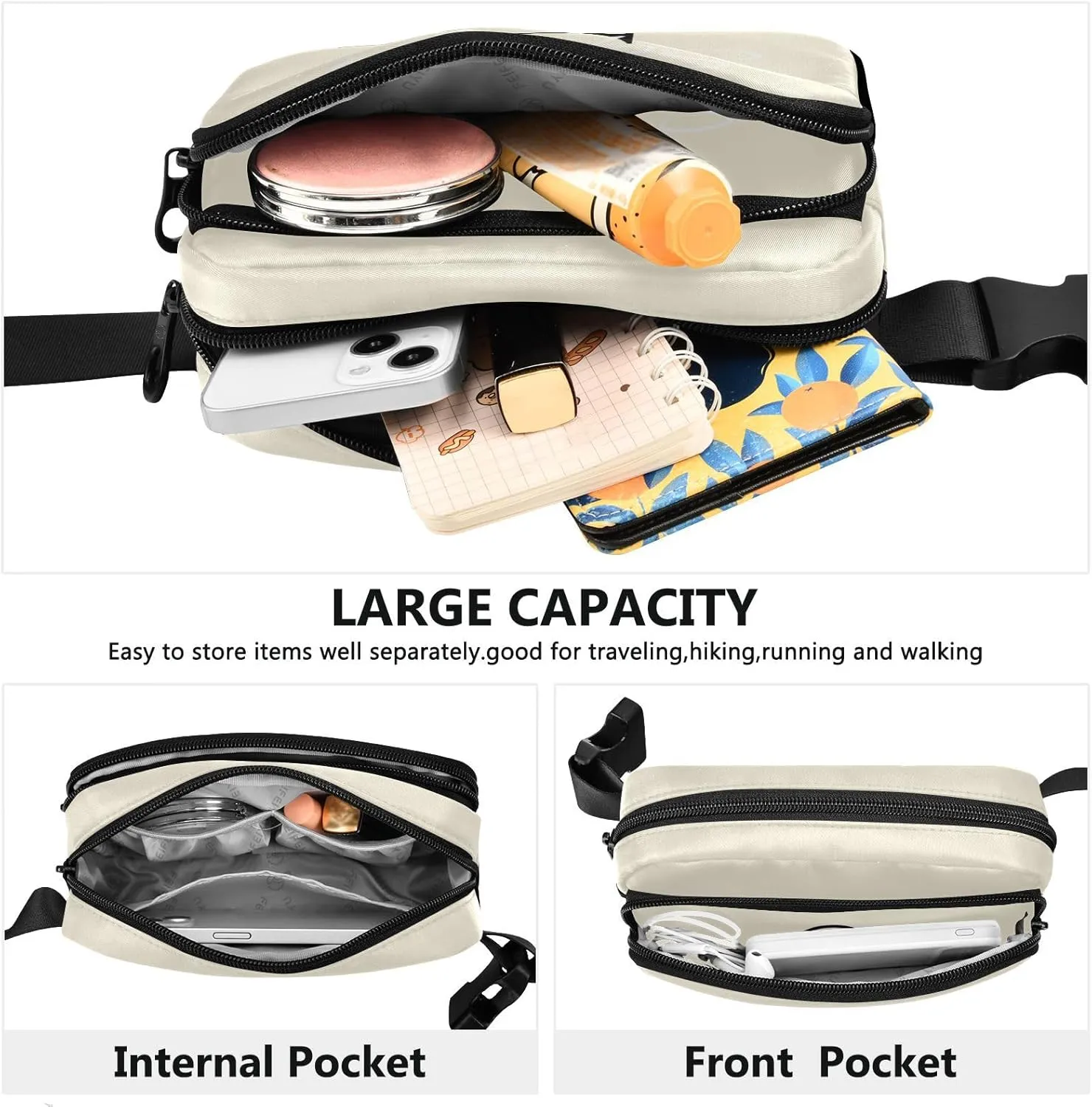 Custom Beige Fanny Pack for Women Men Personalizied Belt Bag Crossbody Waist Pouch Waterproof Everywhere Purse Fashion Sling Bag for Workout Hiking Travel