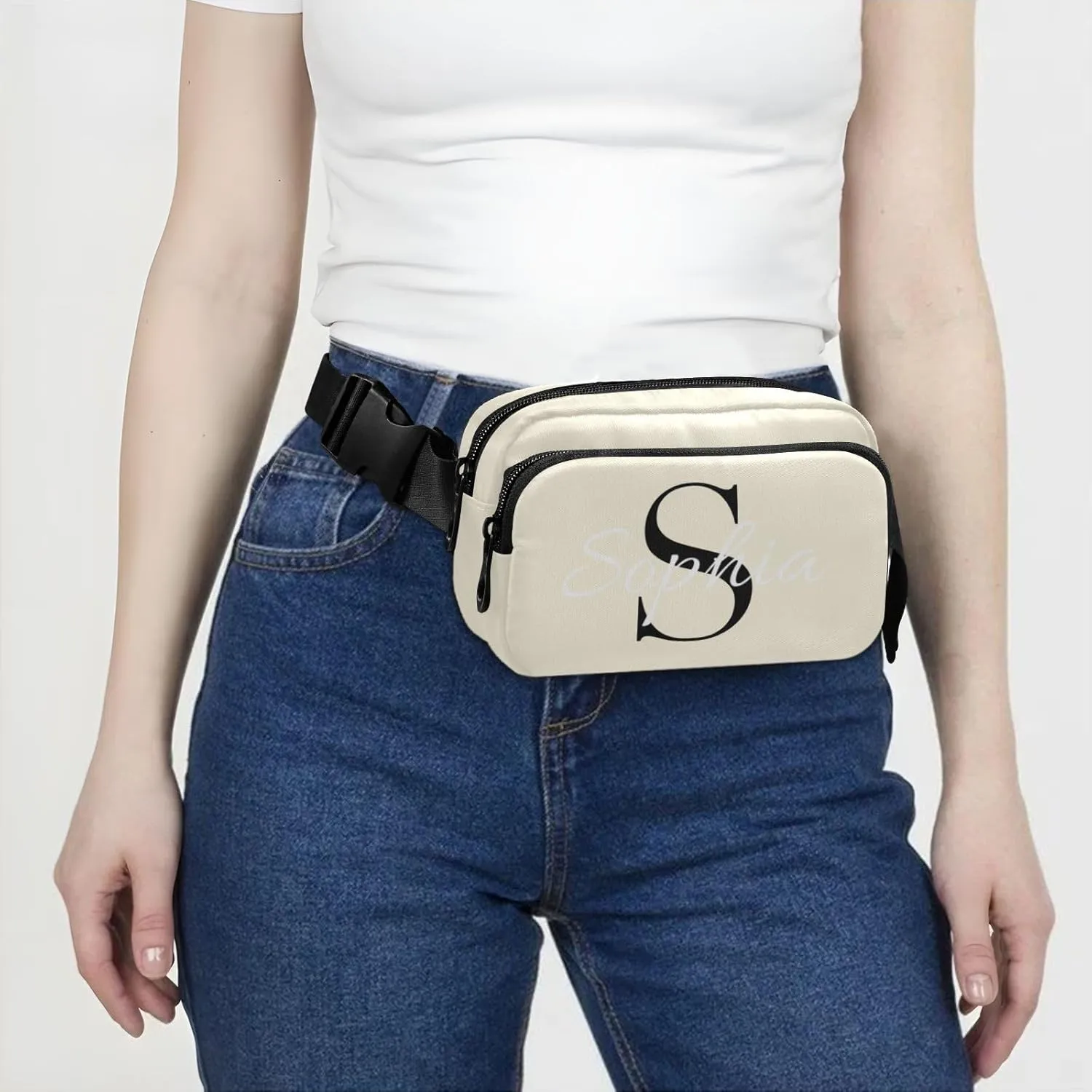 Custom Beige Fanny Pack for Women Men Personalizied Belt Bag Crossbody Waist Pouch Waterproof Everywhere Purse Fashion Sling Bag for Workout Hiking Travel