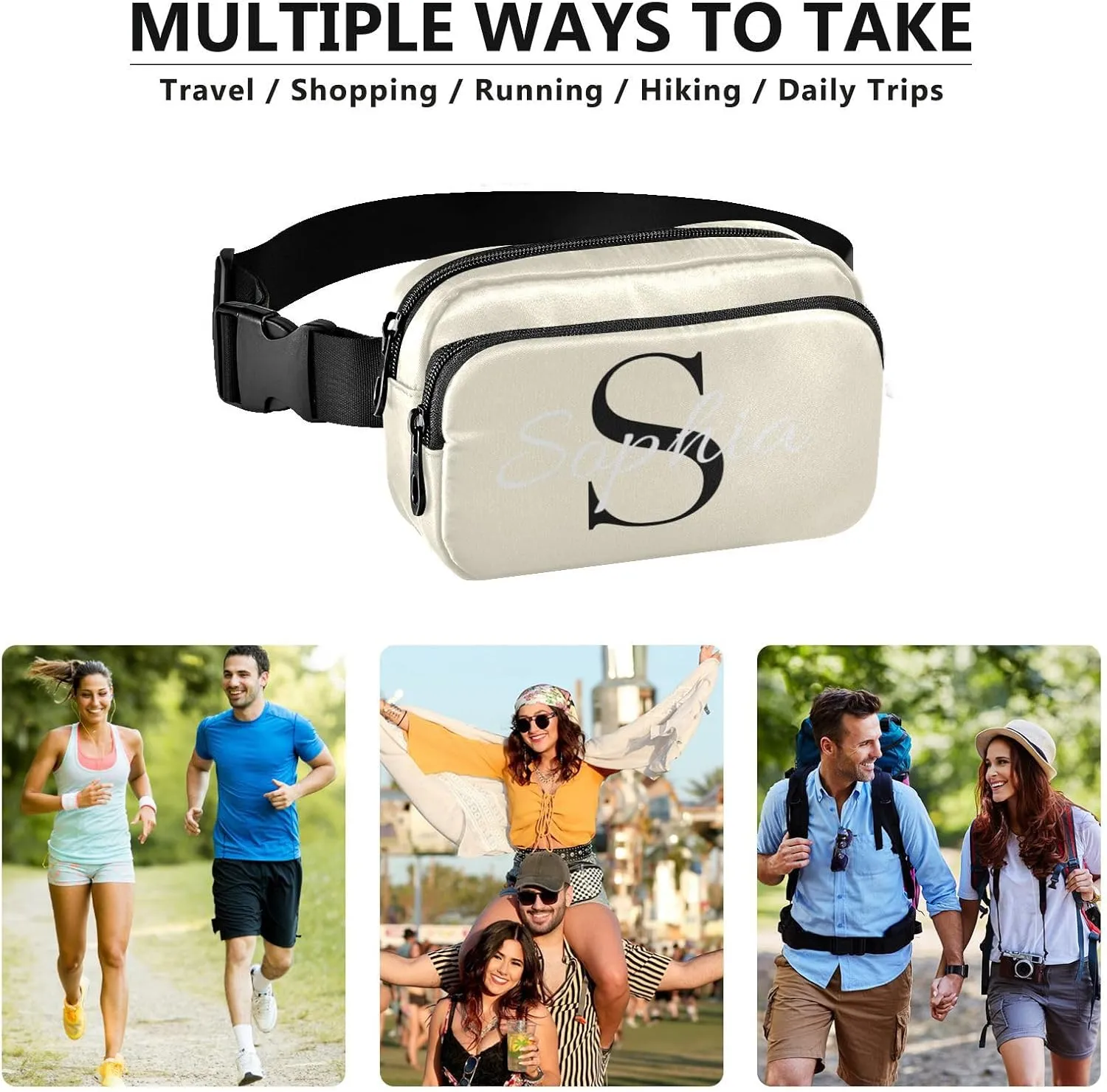Custom Beige Fanny Pack for Women Men Personalizied Belt Bag Crossbody Waist Pouch Waterproof Everywhere Purse Fashion Sling Bag for Workout Hiking Travel