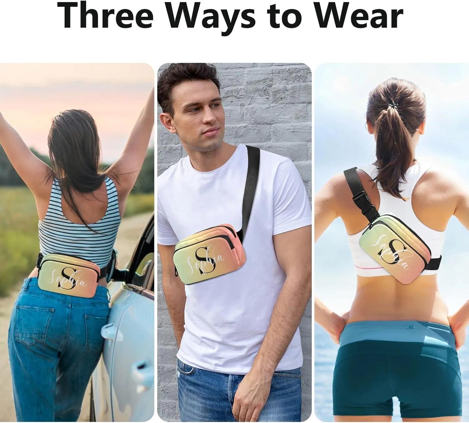 Custom Blue Pink Gradient Fanny Pack for Women Men Personalizied Belt Bag Crossbody Waist Pouch Waterproof Everywhere Purse Fashion Sling Bag for Running Hiking Workout Travel