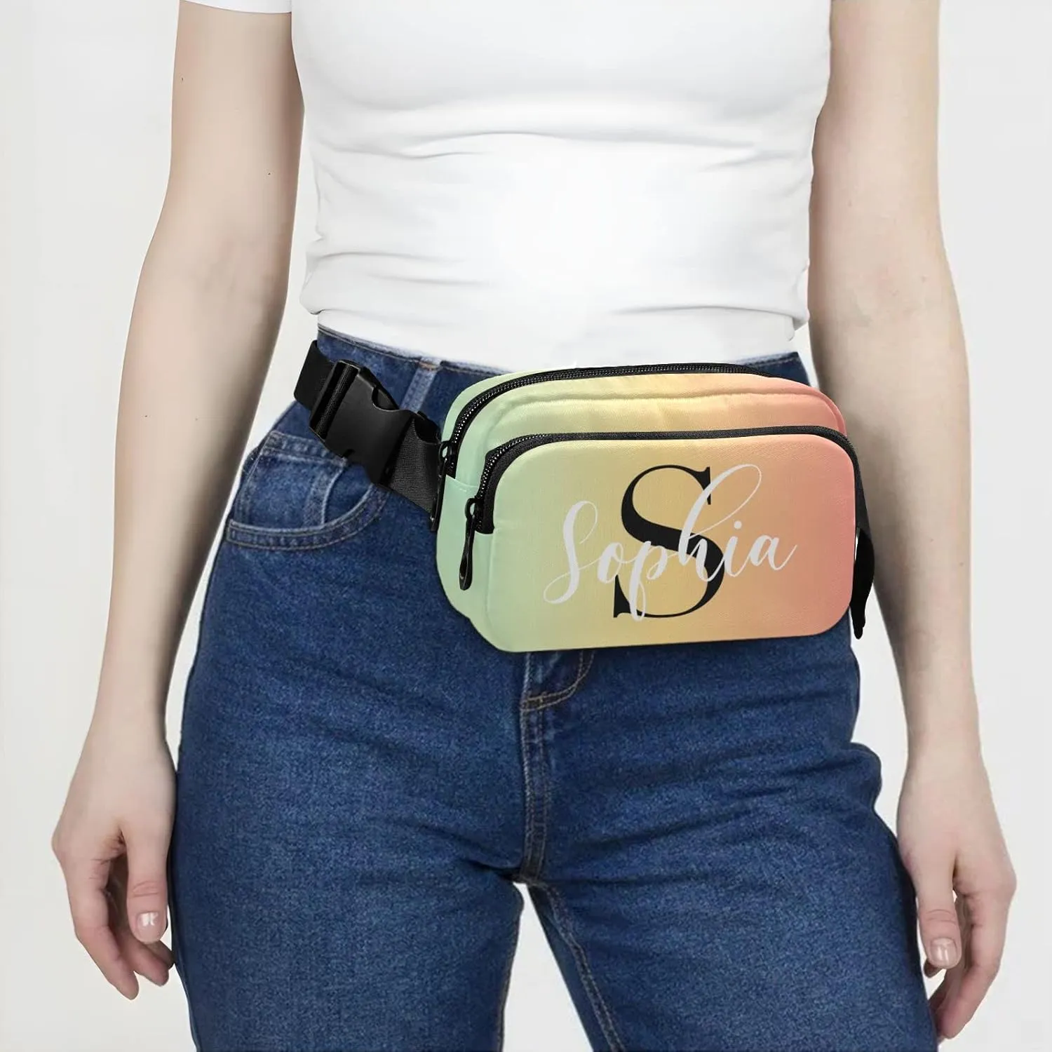 Custom Blue Pink Gradient Fanny Pack for Women Men Personalizied Belt Bag Crossbody Waist Pouch Waterproof Everywhere Purse Fashion Sling Bag for Running Hiking Workout Travel