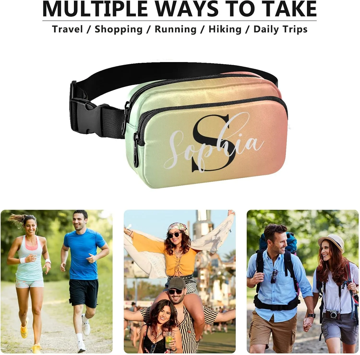 Custom Blue Pink Gradient Fanny Pack for Women Men Personalizied Belt Bag Crossbody Waist Pouch Waterproof Everywhere Purse Fashion Sling Bag for Running Hiking Workout Travel