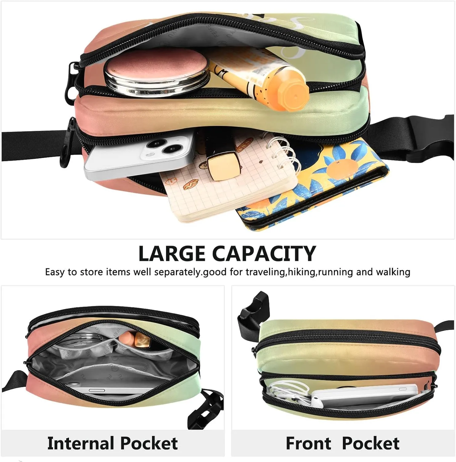 Custom Blue Pink Gradient Fanny Pack for Women Men Personalizied Belt Bag Crossbody Waist Pouch Waterproof Everywhere Purse Fashion Sling Bag for Running Hiking Workout Travel