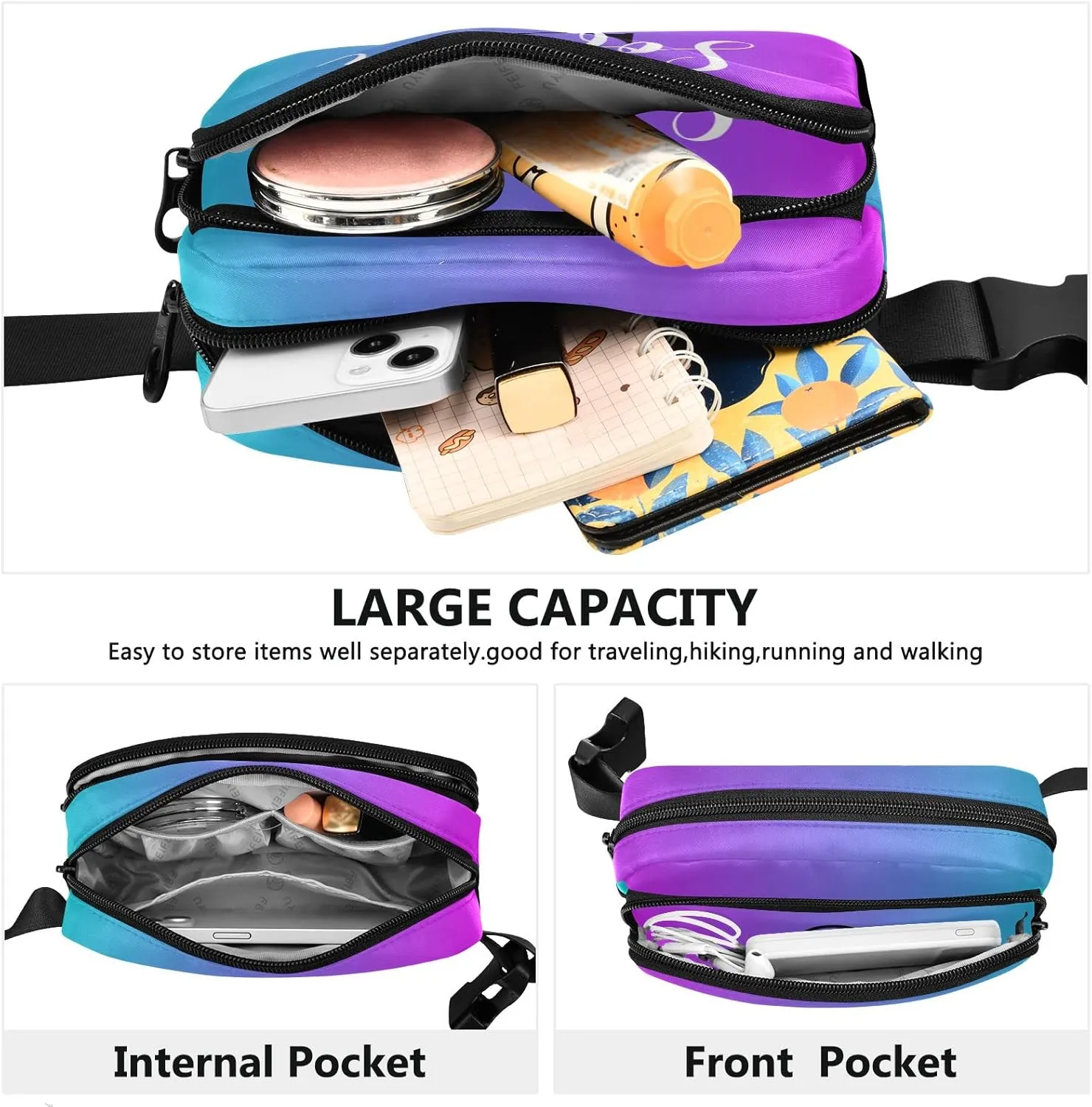 Custom Blue Purple Gradient Fanny Pack for Women Men Personalizied Belt Bag Crossbody Waist Pouch Waterproof Everywhere Purse Fashion Sling Bag for Running Hiking Workout Walking