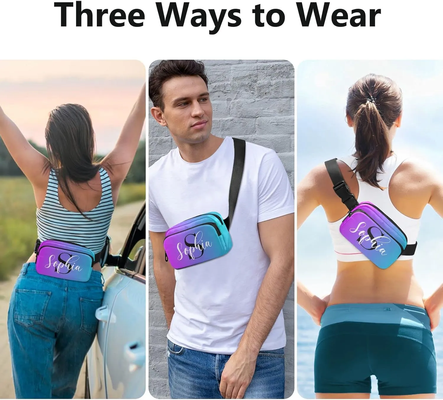 Custom Blue Purple Gradient Fanny Pack for Women Men Personalizied Belt Bag Crossbody Waist Pouch Waterproof Everywhere Purse Fashion Sling Bag for Running Hiking Workout Walking