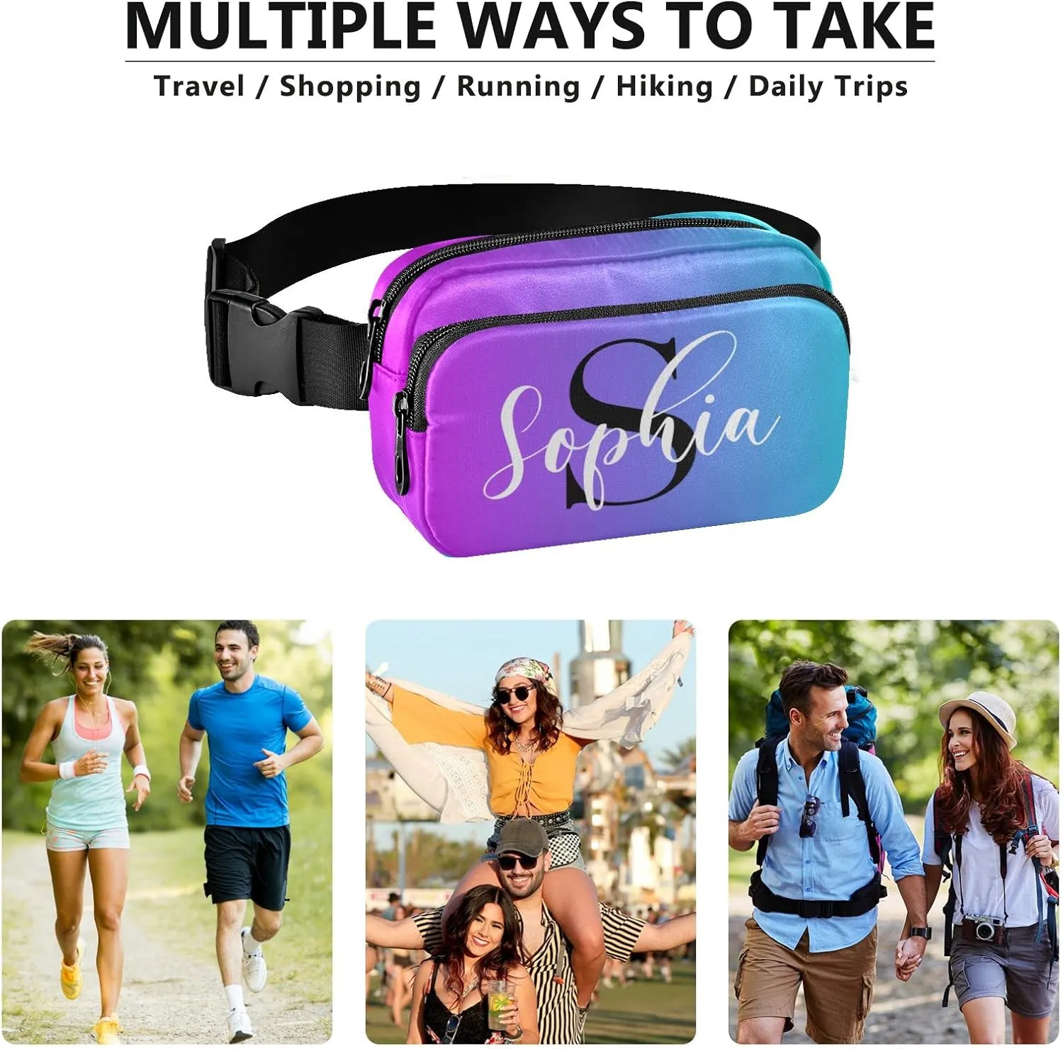 Custom Blue Purple Gradient Fanny Pack for Women Men Personalizied Belt Bag Crossbody Waist Pouch Waterproof Everywhere Purse Fashion Sling Bag for Running Hiking Workout Walking