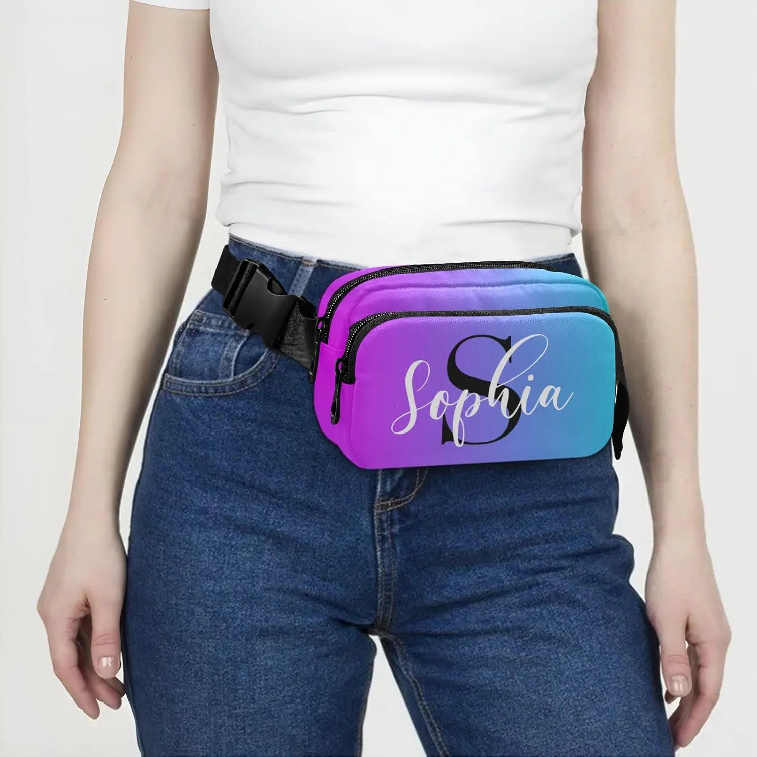 Custom Blue Purple Gradient Fanny Pack for Women Men Personalizied Belt Bag Crossbody Waist Pouch Waterproof Everywhere Purse Fashion Sling Bag for Running Hiking Workout Walking