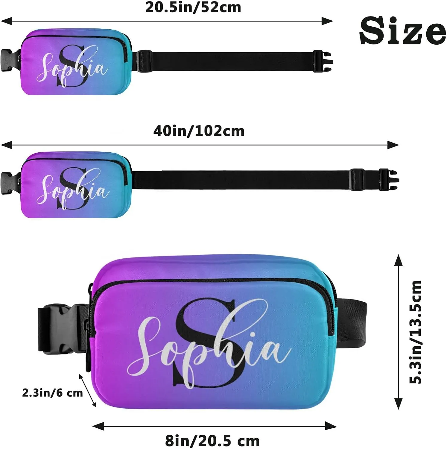Custom Blue Purple Gradient Fanny Pack for Women Men Personalizied Belt Bag Crossbody Waist Pouch Waterproof Everywhere Purse Fashion Sling Bag for Running Hiking Workout Walking