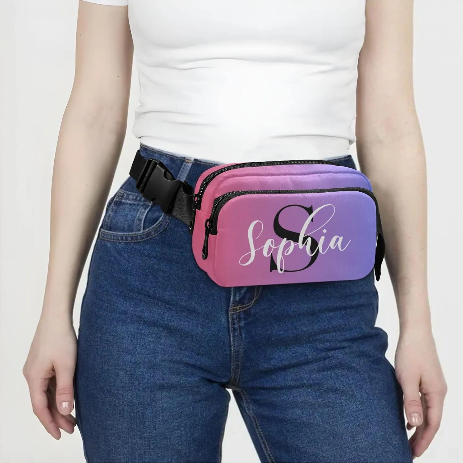 Custom Blue Red Gradient Fanny Pack for Women Men Personalizied Belt Bag Crossbody Waist Pouch Waterproof Everywhere Purse Fashion Sling Bag for Running Hiking Workout Walking Travel