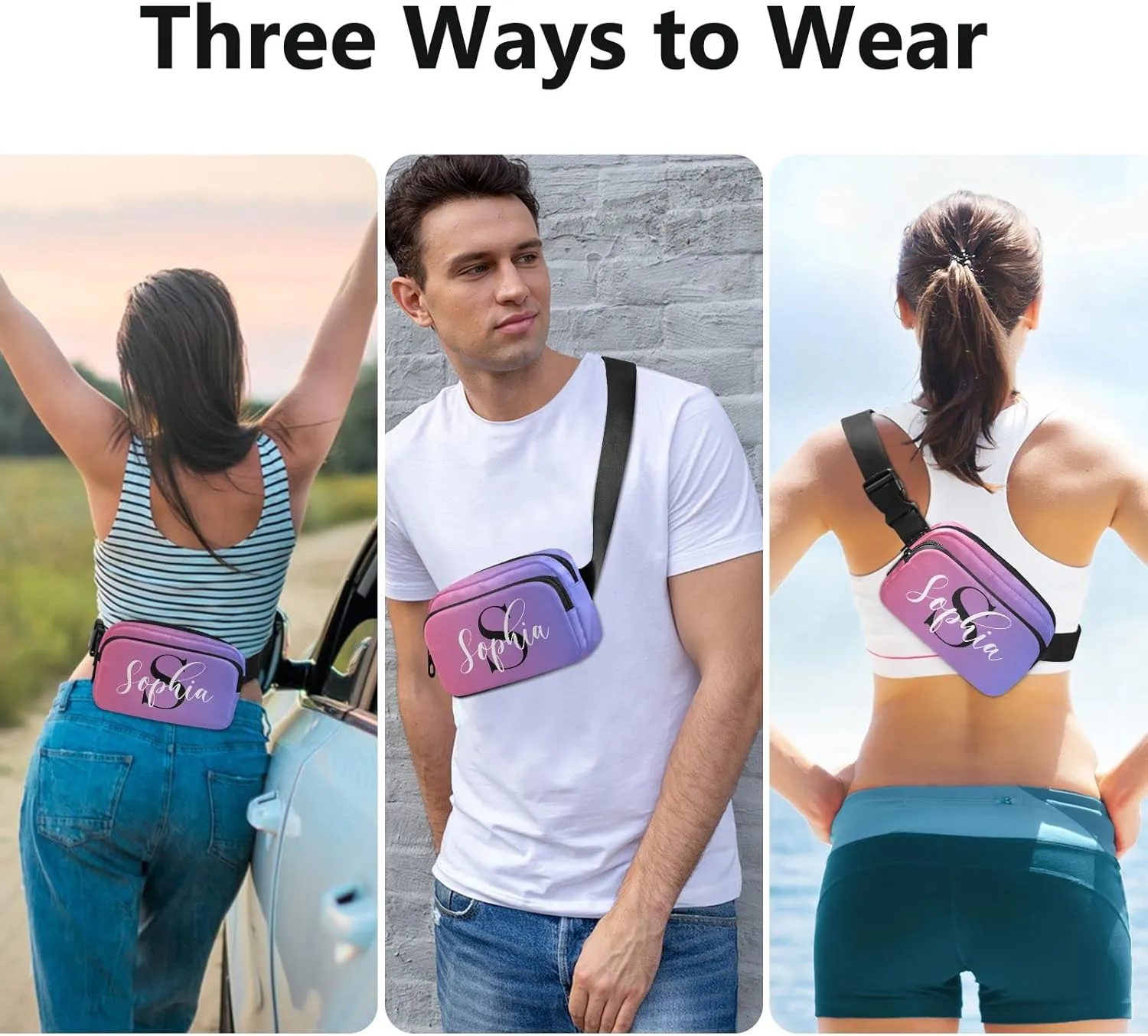 Custom Blue Red Gradient Fanny Pack for Women Men Personalizied Belt Bag Crossbody Waist Pouch Waterproof Everywhere Purse Fashion Sling Bag for Running Hiking Workout Walking Travel