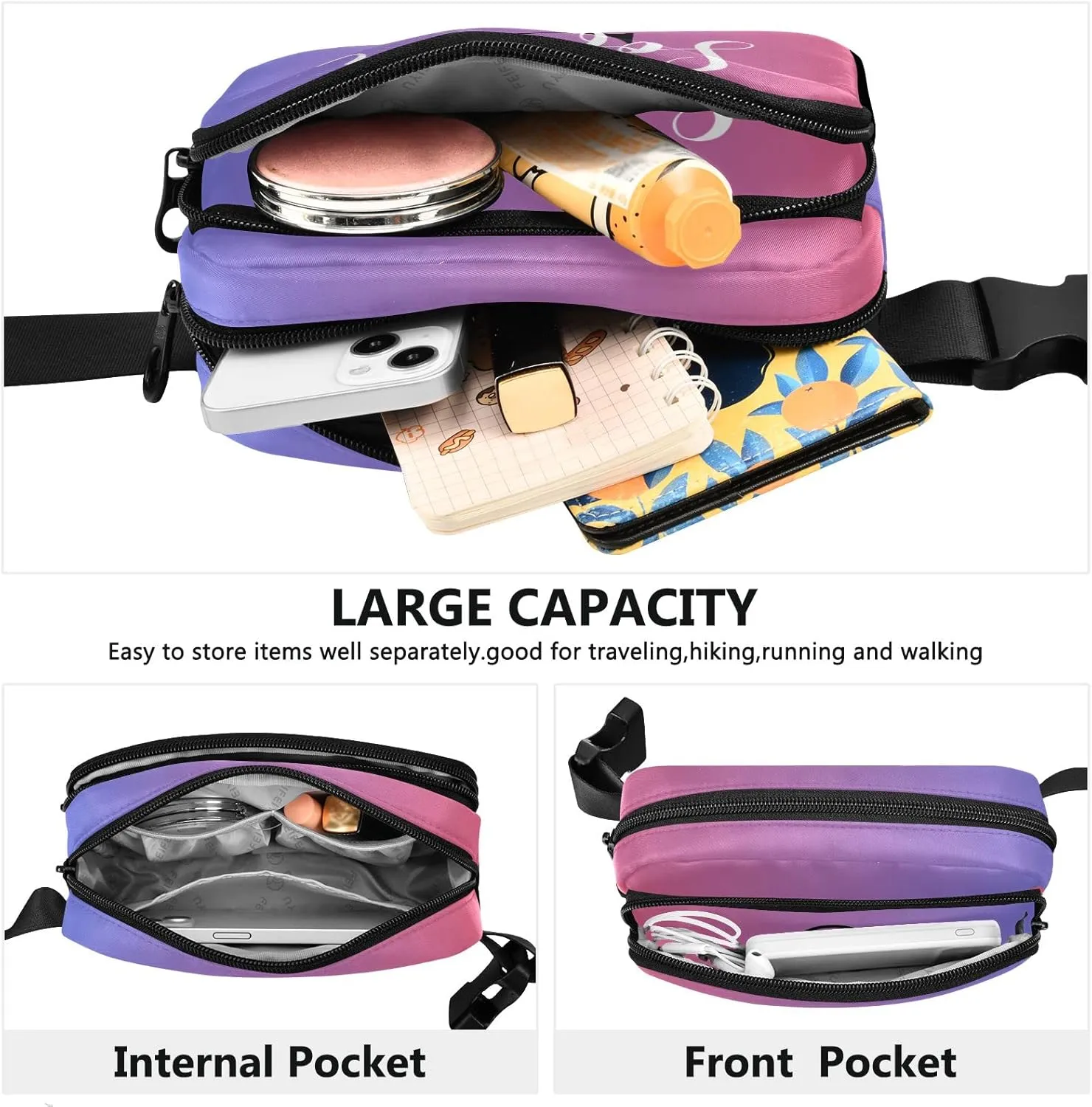 Custom Blue Red Gradient Fanny Pack for Women Men Personalizied Belt Bag Crossbody Waist Pouch Waterproof Everywhere Purse Fashion Sling Bag for Running Hiking Workout Walking Travel