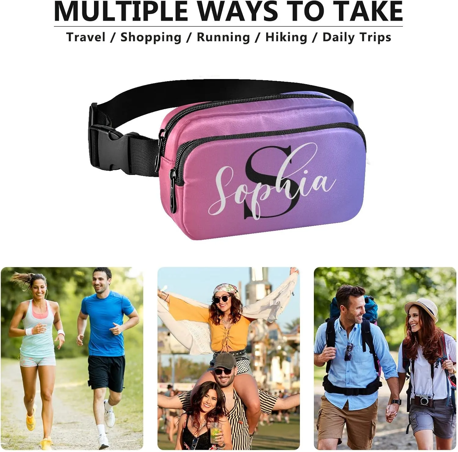 Custom Blue Red Gradient Fanny Pack for Women Men Personalizied Belt Bag Crossbody Waist Pouch Waterproof Everywhere Purse Fashion Sling Bag for Running Hiking Workout Walking Travel