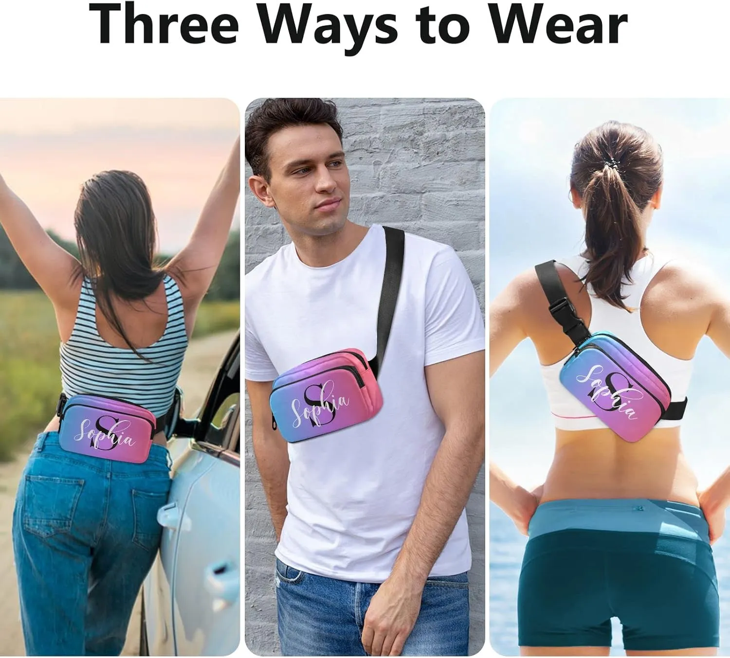 Custom Blue Red Gradient Fanny Pack for Women Men Personalizied Belt Bag Crossbody Waist Pouch Waterproof Everywhere Purse Fashion Sling Bag for Running Hiking Workout Walking