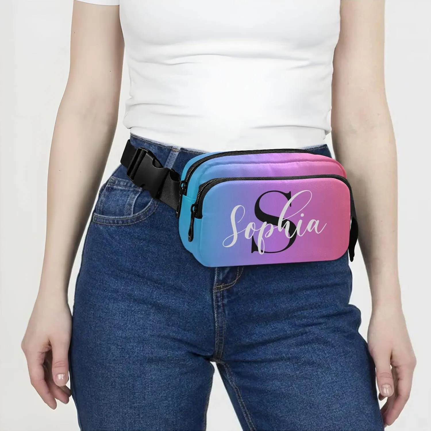 Custom Blue Red Gradient Fanny Pack for Women Men Personalizied Belt Bag Crossbody Waist Pouch Waterproof Everywhere Purse Fashion Sling Bag for Running Hiking Workout Walking