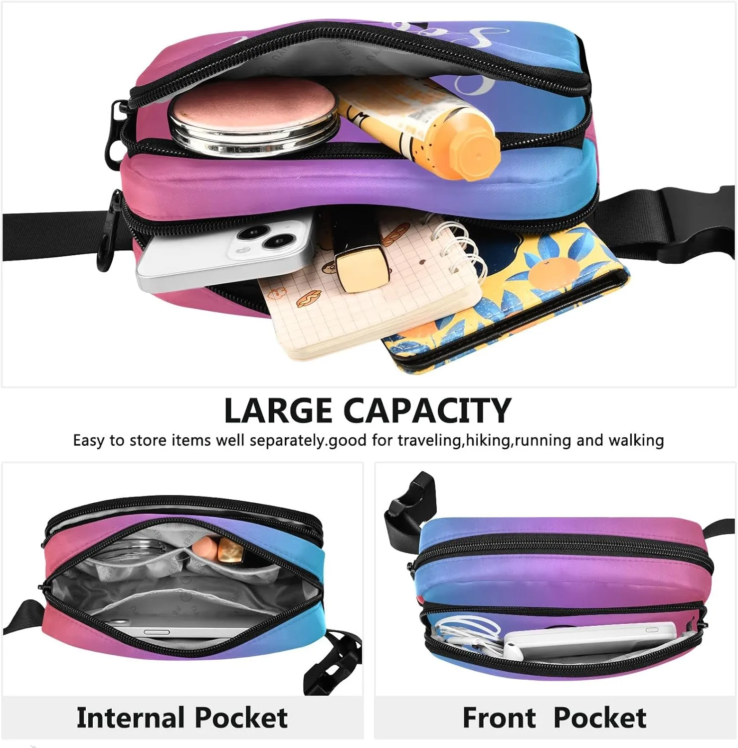 Custom Blue Red Gradient Fanny Pack for Women Men Personalizied Belt Bag Crossbody Waist Pouch Waterproof Everywhere Purse Fashion Sling Bag for Running Hiking Workout Walking