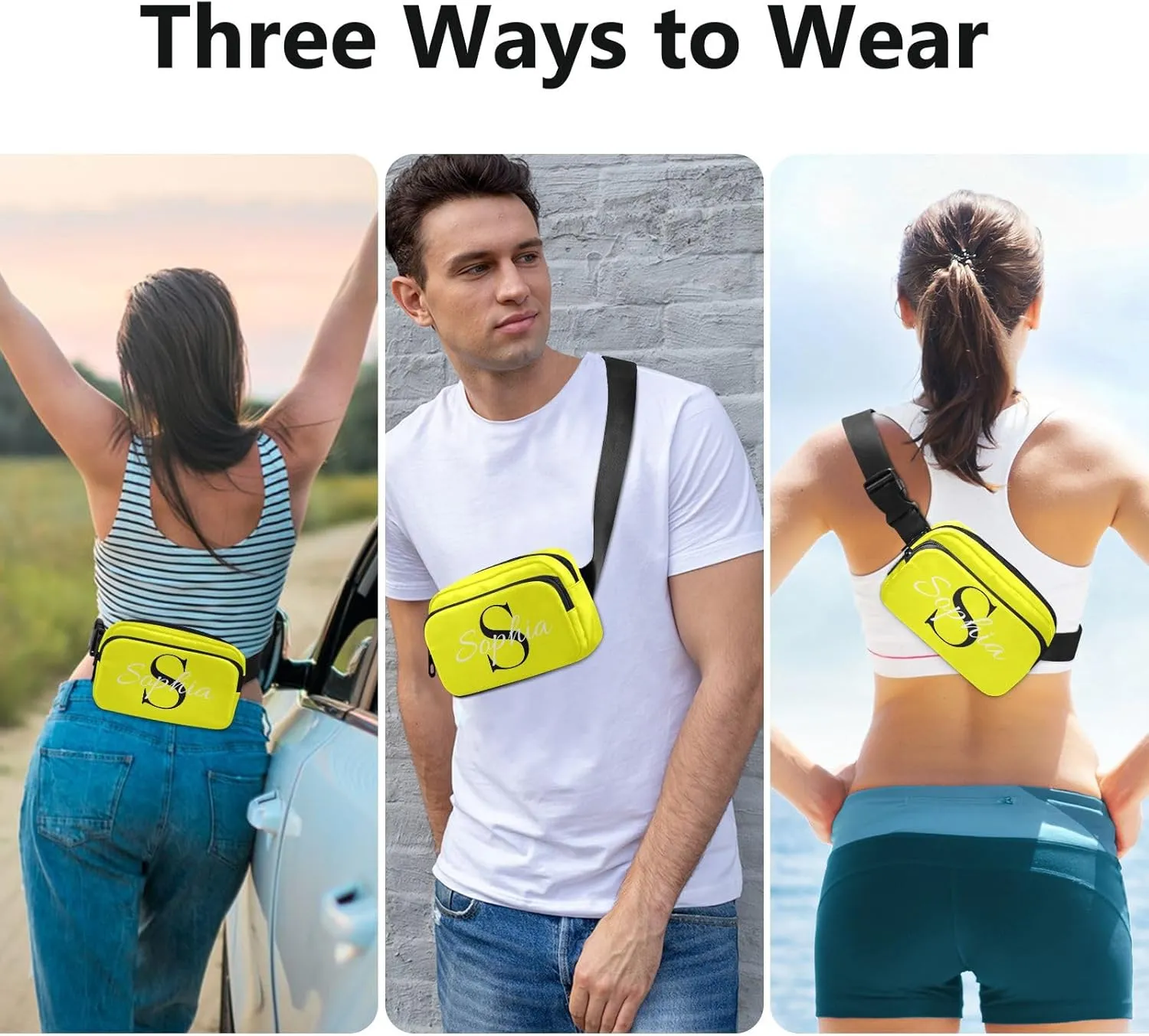 Custom Bright Yellow Fanny Pack for Women Men Personalizied Belt Bag Crossbody Waist Pouch Waterproof Everywhere Purse Fashion Sling Bag for Running Jogging