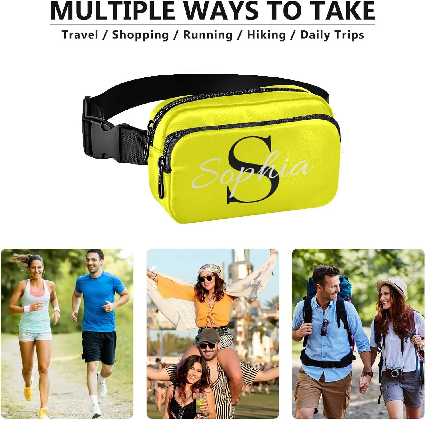 Custom Bright Yellow Fanny Pack for Women Men Personalizied Belt Bag Crossbody Waist Pouch Waterproof Everywhere Purse Fashion Sling Bag for Running Jogging
