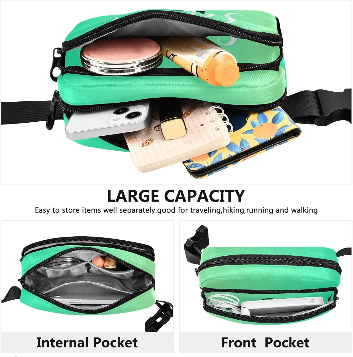 Custom Green Fanny Pack for Women Men Personalizied Belt Bag Crossbody Waist Pouch Waterproof Everywhere Purse Fashion Sling Bag for Running Hiking Workout Walking Travel