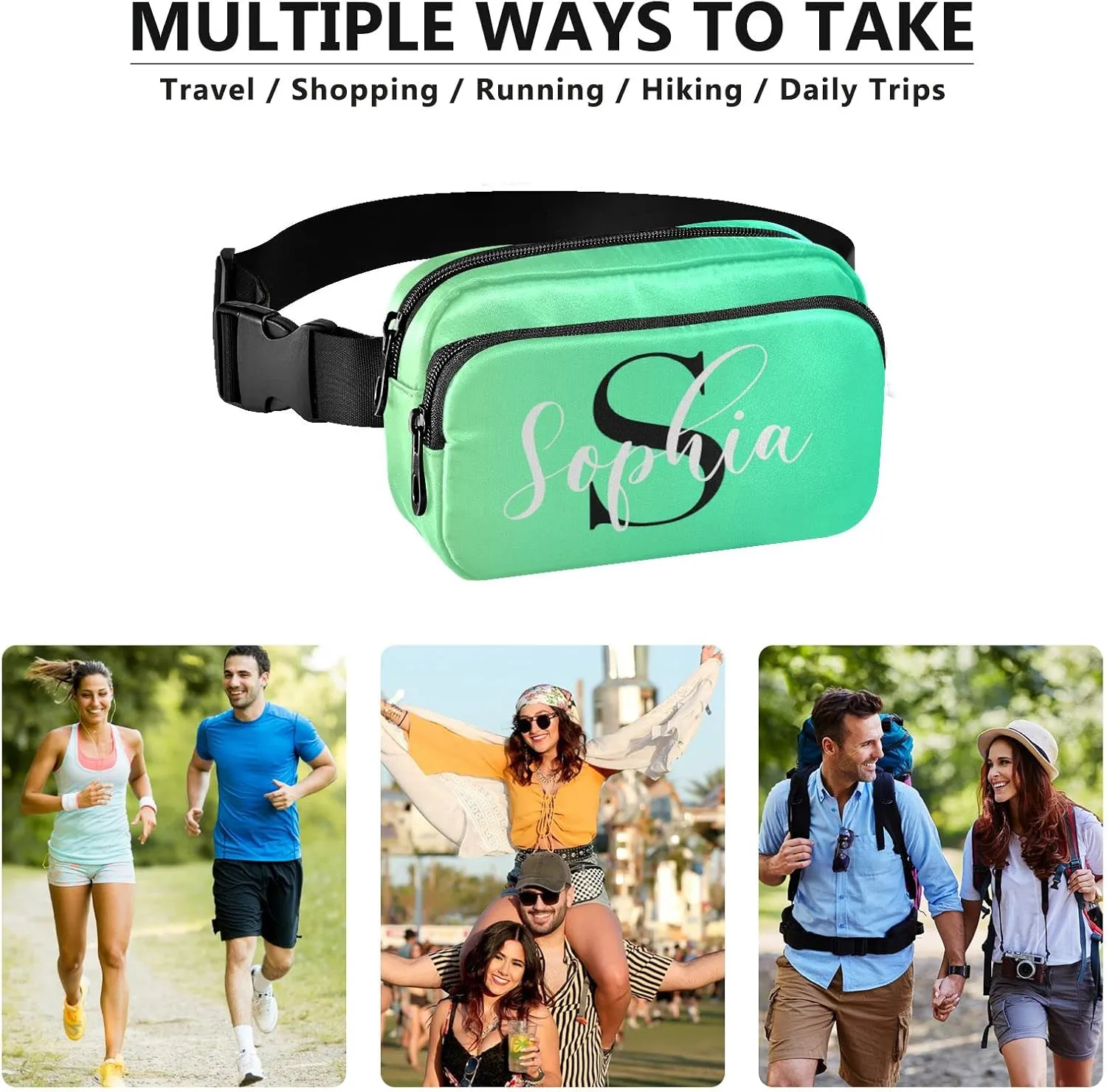 Custom Green Fanny Pack for Women Men Personalizied Belt Bag Crossbody Waist Pouch Waterproof Everywhere Purse Fashion Sling Bag for Running Hiking Workout Walking Travel