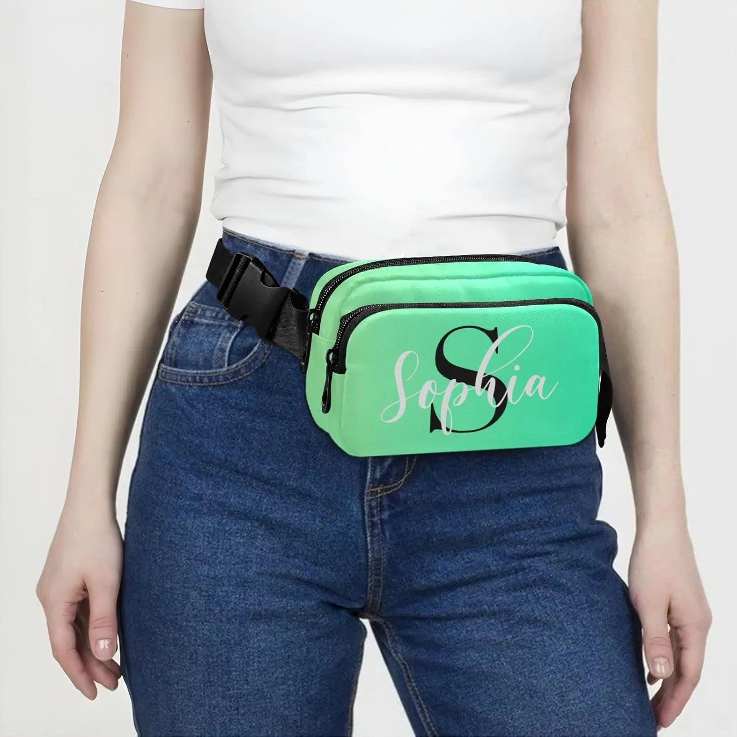 Custom Green Fanny Pack for Women Men Personalizied Belt Bag Crossbody Waist Pouch Waterproof Everywhere Purse Fashion Sling Bag for Running Hiking Workout Walking Travel