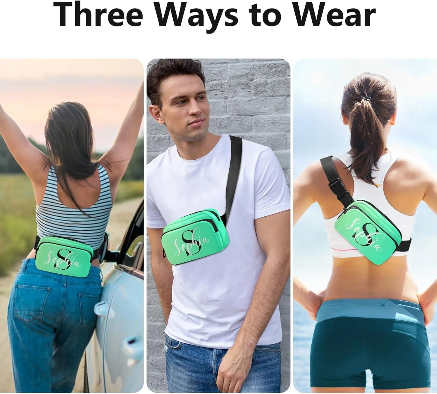 Custom Green Fanny Pack for Women Men Personalizied Belt Bag Crossbody Waist Pouch Waterproof Everywhere Purse Fashion Sling Bag for Running Hiking Workout Walking Travel