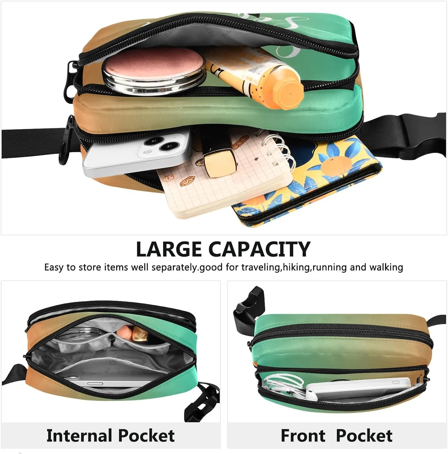 Custom Green Orange Gradient Fanny Pack for Women Men Personalizied Belt Bag Crossbody Waist Pouch Waterproof Everywhere Purse Fashion Sling Bag for Running Hiking Workout Walking Travel