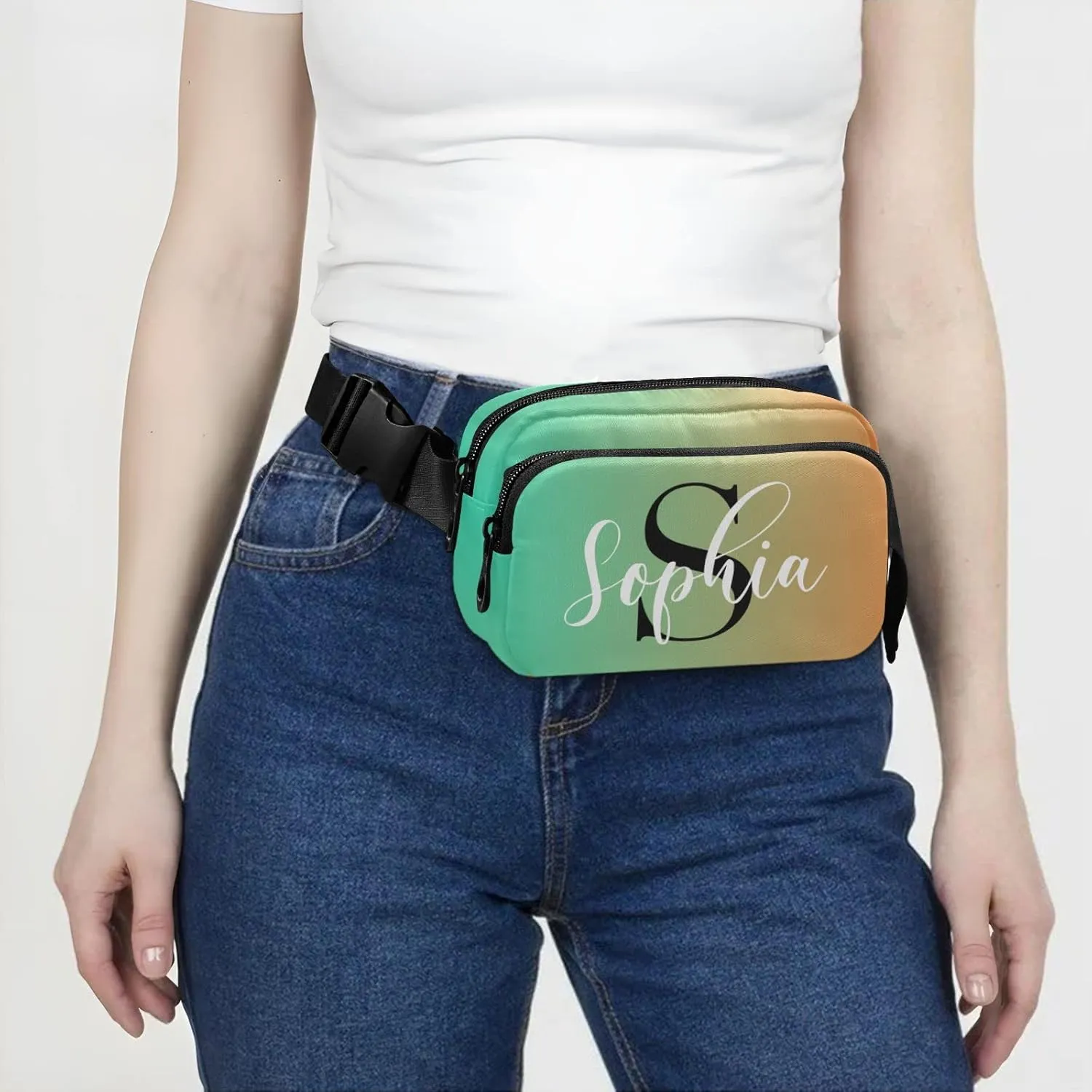 Custom Green Orange Gradient Fanny Pack for Women Men Personalizied Belt Bag Crossbody Waist Pouch Waterproof Everywhere Purse Fashion Sling Bag for Running Hiking Workout Walking Travel