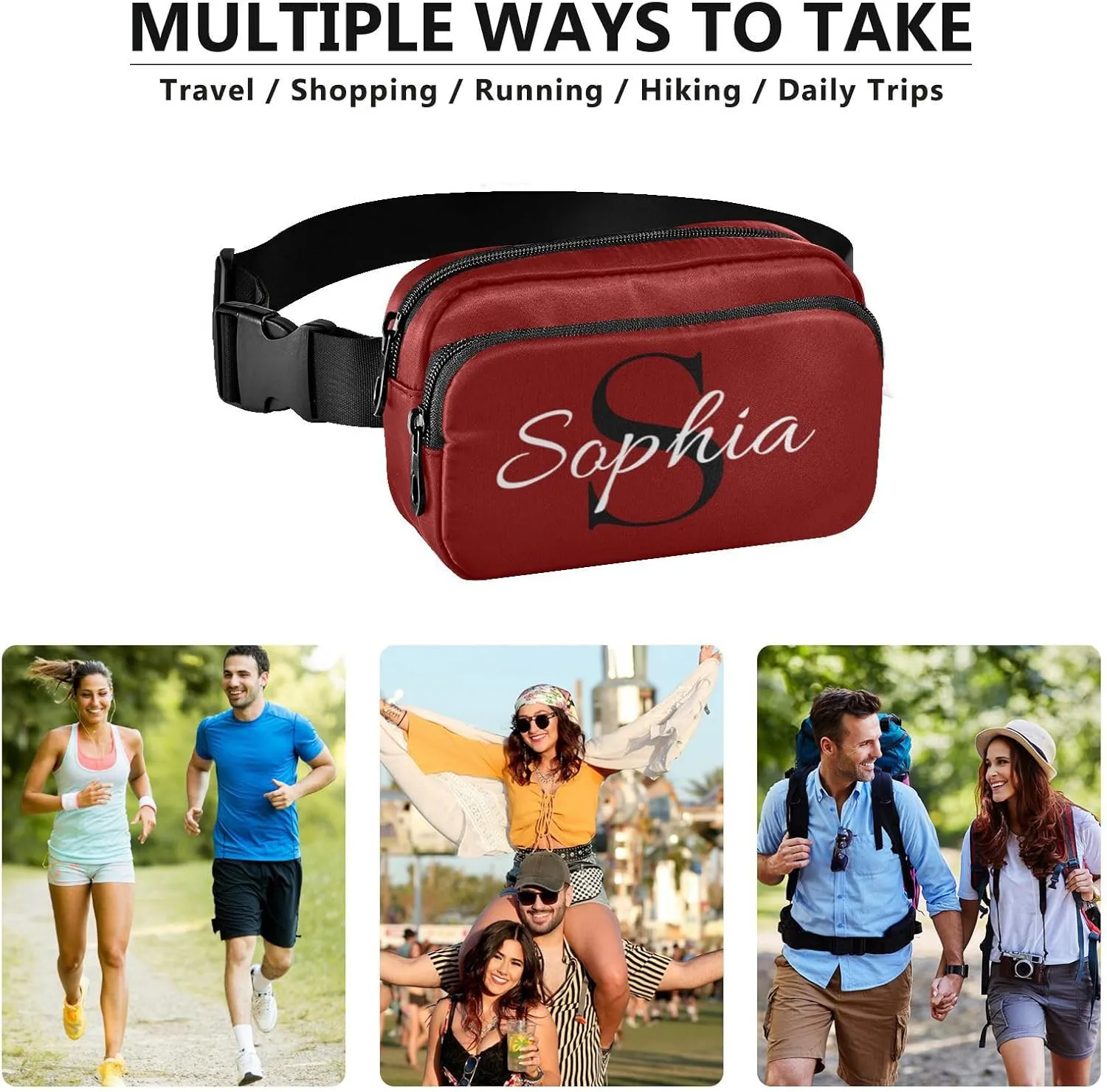 Custom Maroon Fanny Pack for Women Men Personalizied Belt Bag Crossbody Waist Pouch Waterproof Everywhere Purse Fashion Sling Bag for Hiking Running