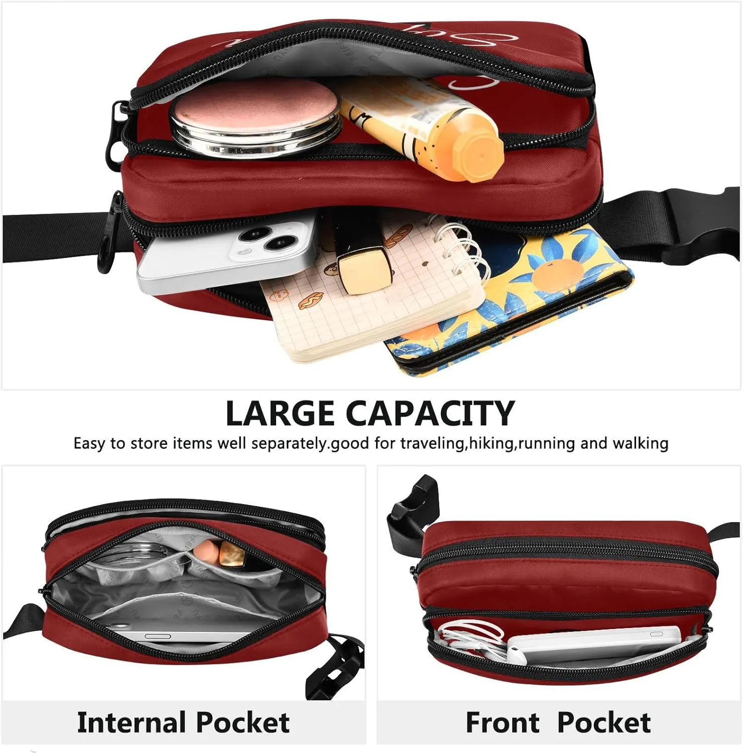 Custom Maroon Fanny Pack for Women Men Personalizied Belt Bag Crossbody Waist Pouch Waterproof Everywhere Purse Fashion Sling Bag for Hiking Running