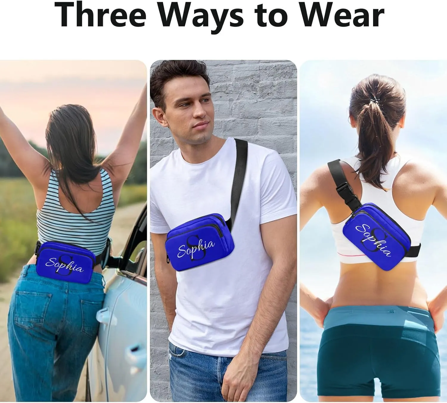 Custom Medium Blue Fanny Pack for Women Men Personalizied Belt Bag Crossbody Waist Pouch Waterproof Everywhere Purse Fashion Sling Bag for Cycling Hiking