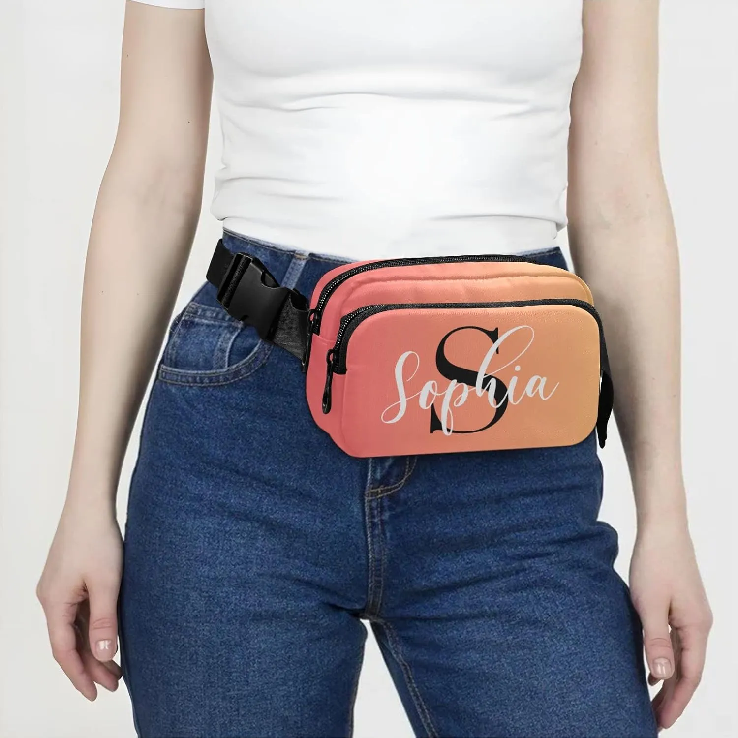 Custom Orange Gradient Fanny Pack for Women Men Personalizied Belt Bag Crossbody Waist Pouch Waterproof Everywhere Purse Fashion Sling Bag for Running Hiking Walking Travel