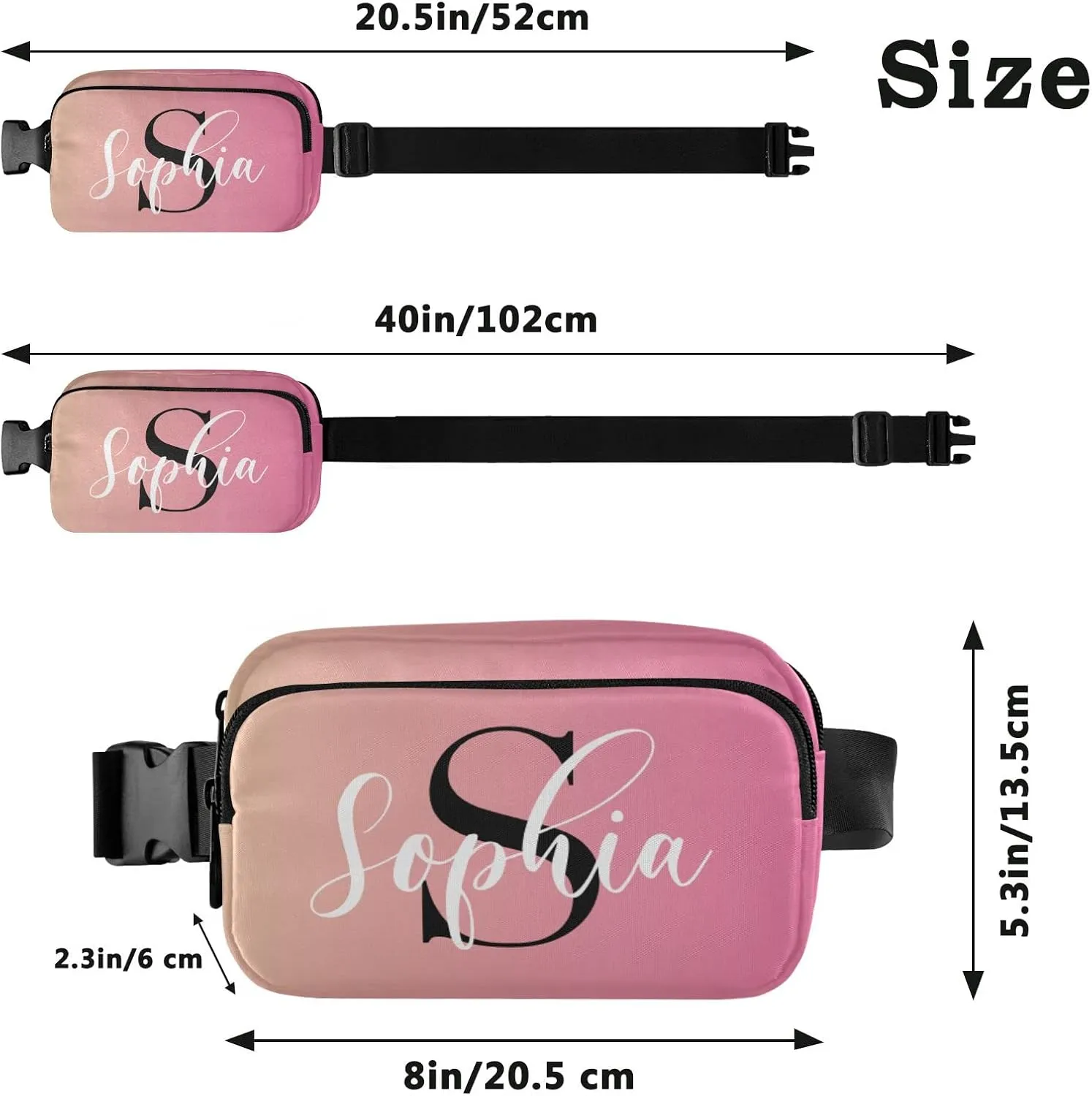 Custom Pink Gradient Fanny Pack for Women Men Personalizied Belt Bag Crossbody Waist Pouch Waterproof Everywhere Purse Fashion Sling Bag for Running Hiking Walking Travel