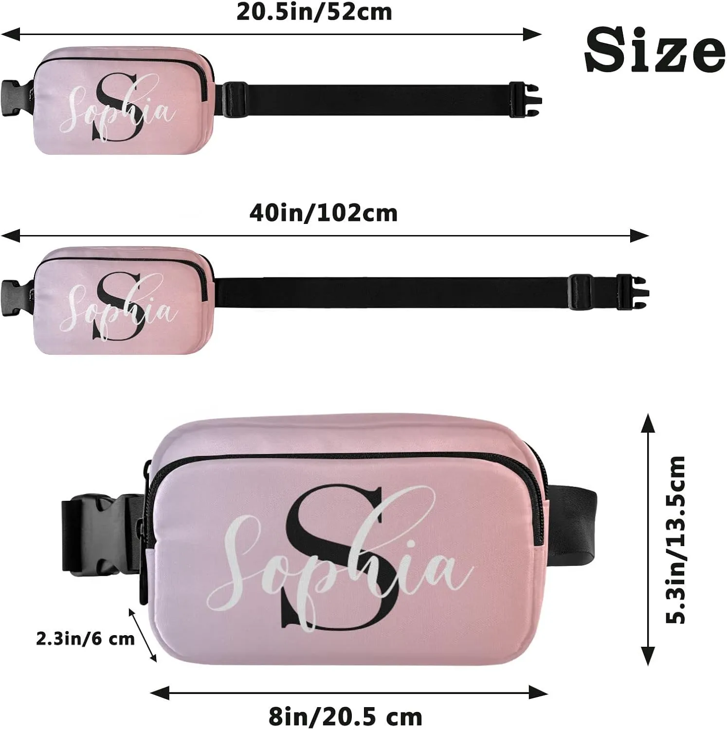 Custom Pink Gradient Fanny Pack for Women Men Personalizied Belt Bag Crossbody Waist Pouch Waterproof Everywhere Purse Fashion Sling Bag for Running Travel