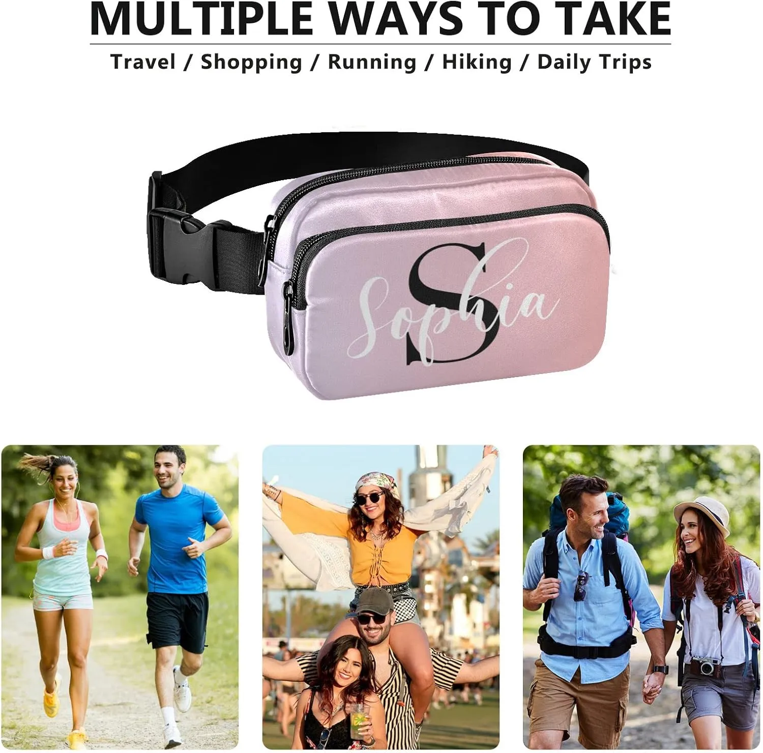 Custom Pink Gradient Fanny Pack for Women Men Personalizied Belt Bag Crossbody Waist Pouch Waterproof Everywhere Purse Fashion Sling Bag for Running Travel