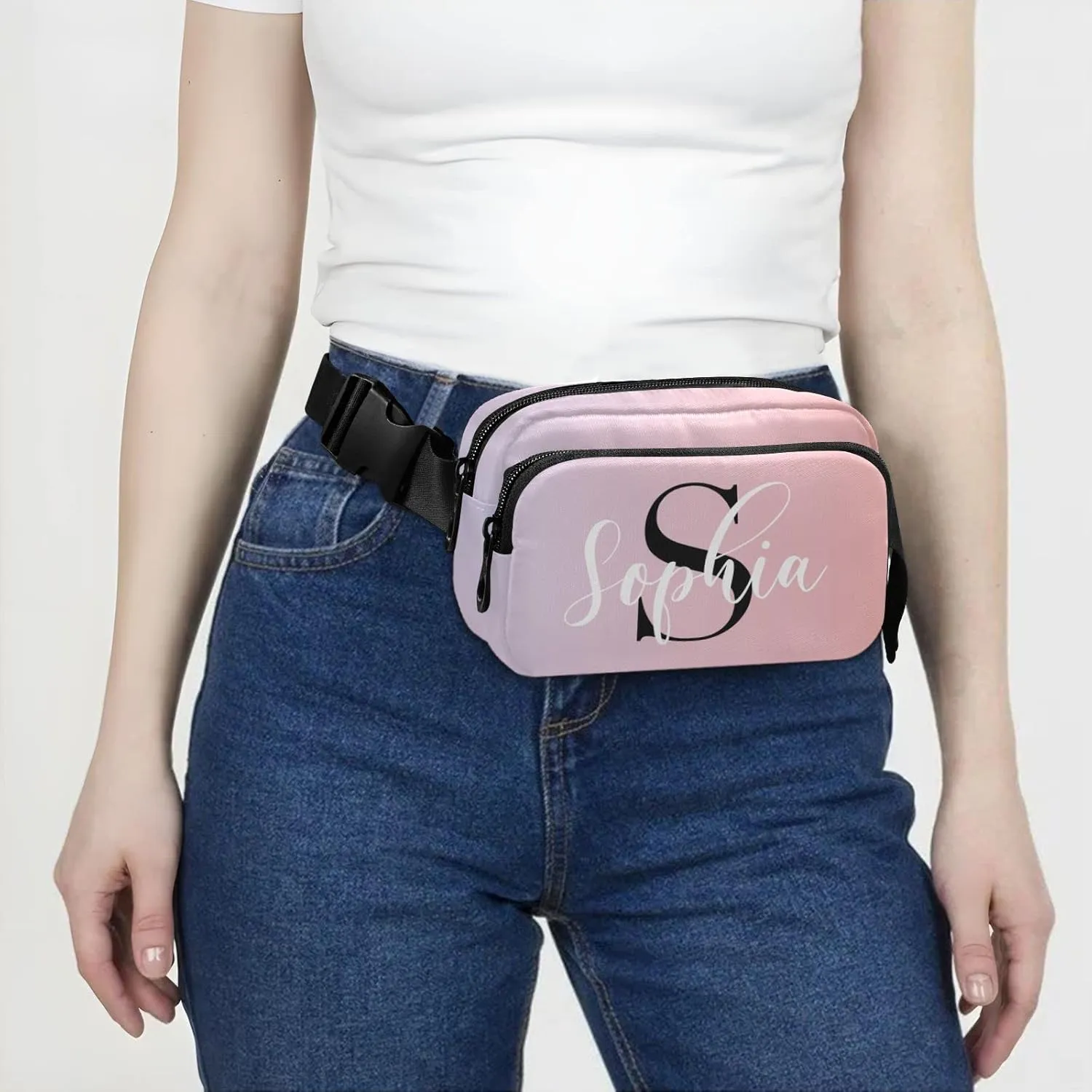 Custom Pink Gradient Fanny Pack for Women Men Personalizied Belt Bag Crossbody Waist Pouch Waterproof Everywhere Purse Fashion Sling Bag for Running Travel