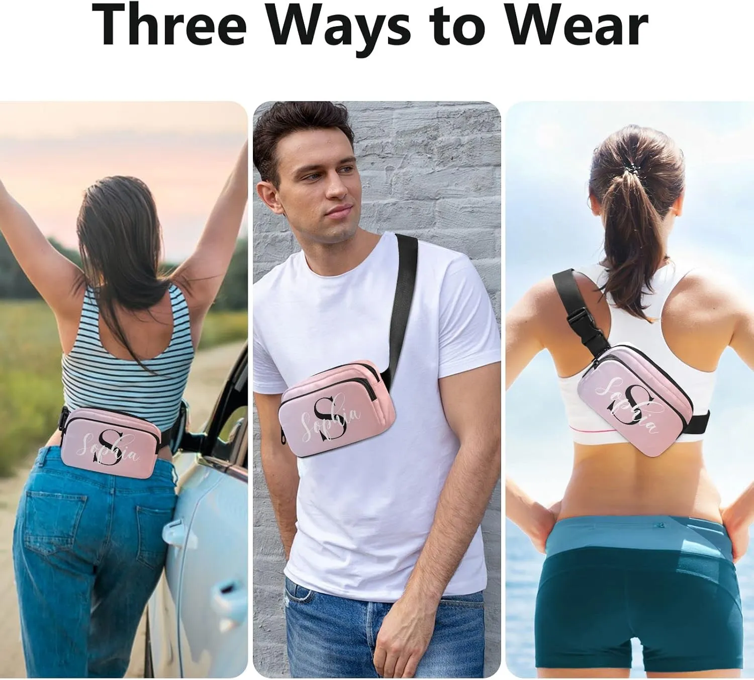Custom Pink Gradient Fanny Pack for Women Men Personalizied Belt Bag Crossbody Waist Pouch Waterproof Everywhere Purse Fashion Sling Bag for Running Travel