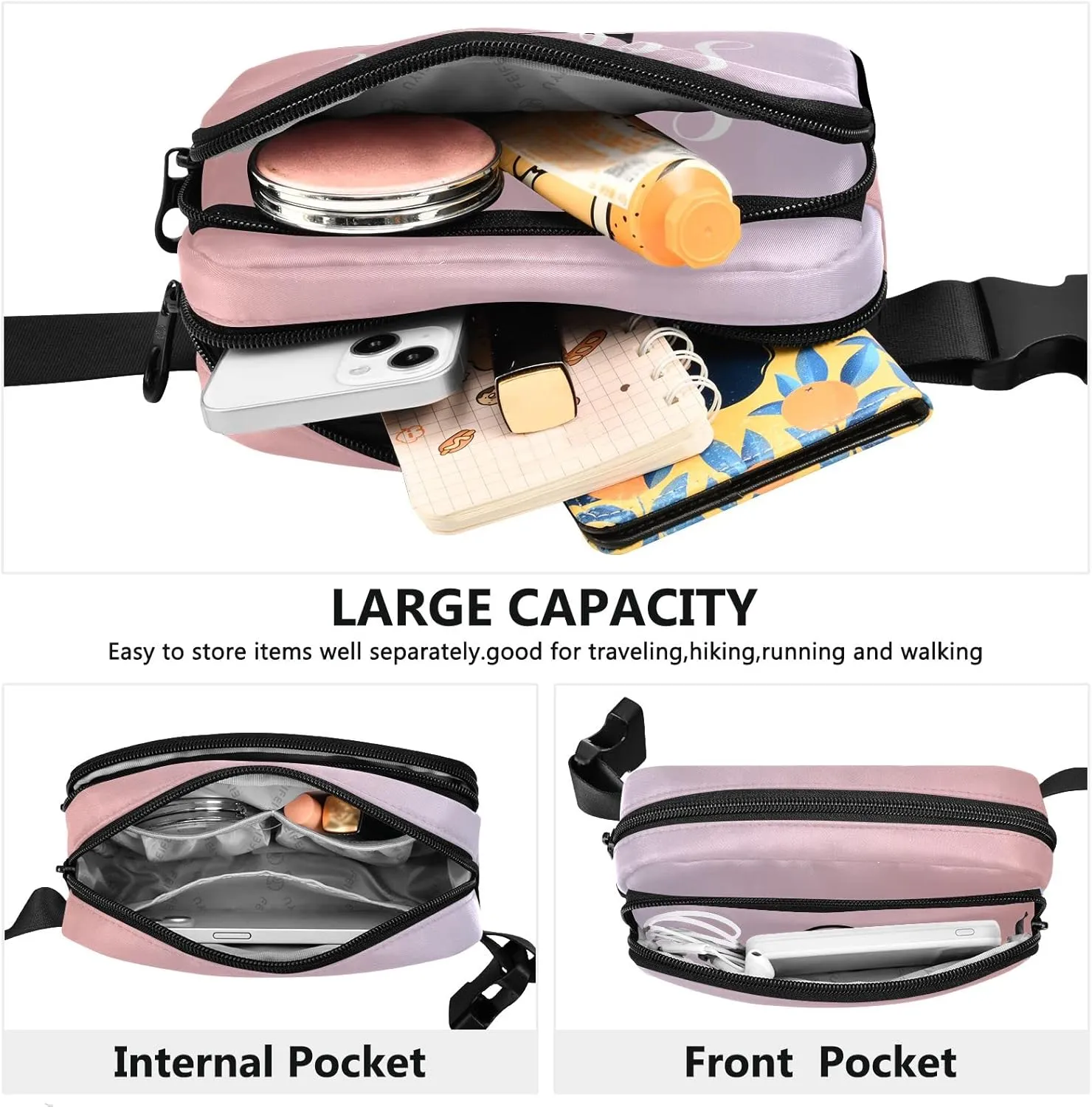 Custom Pink Gradient Fanny Pack for Women Men Personalizied Belt Bag Crossbody Waist Pouch Waterproof Everywhere Purse Fashion Sling Bag for Running Travel