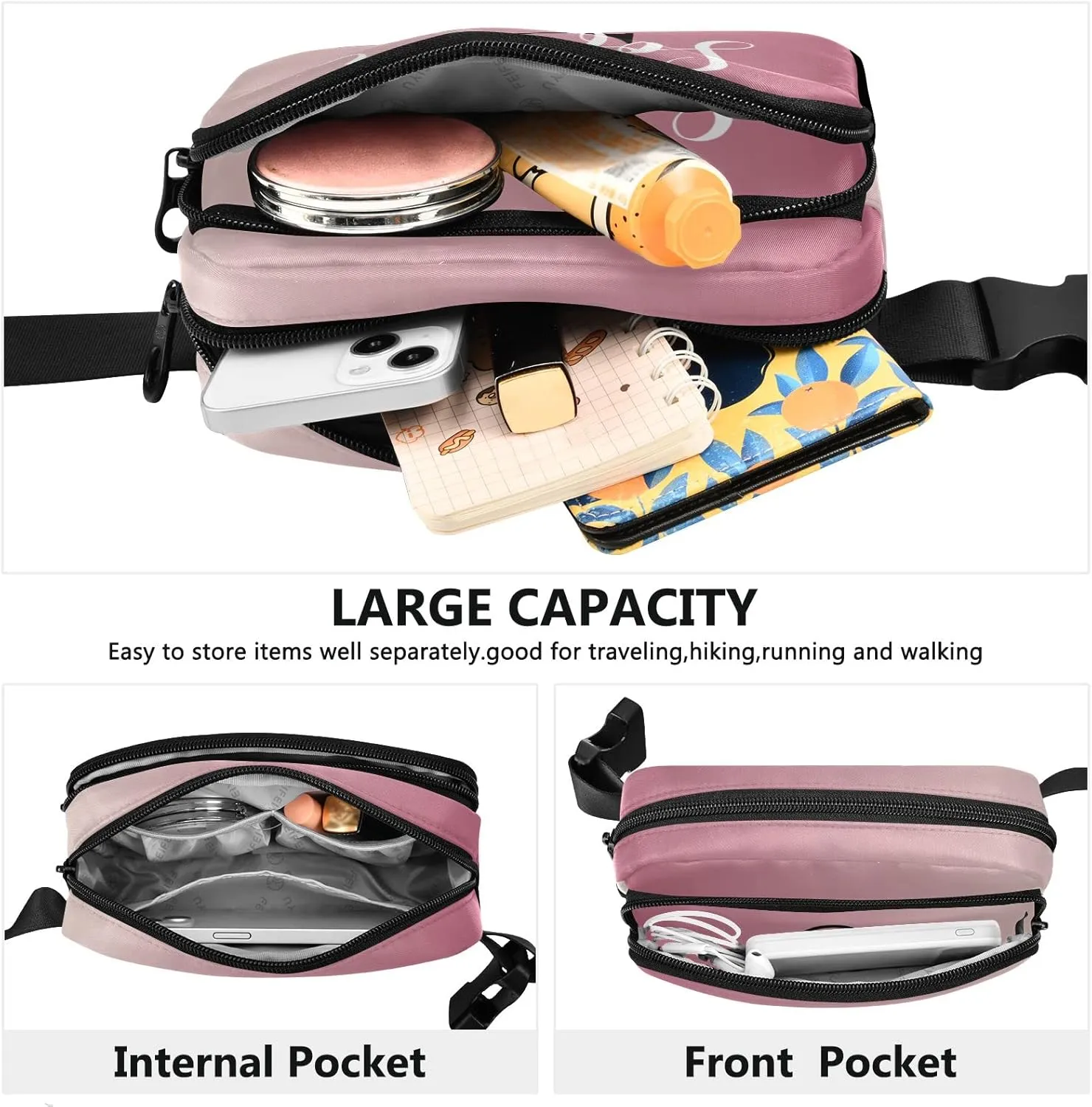 Custom Pink Gradient Fanny Pack for Women Men Personalizied Belt Bag Crossbody Waist Pouch Waterproof Everywhere Purse Fashion Sling Bag for Running Walking