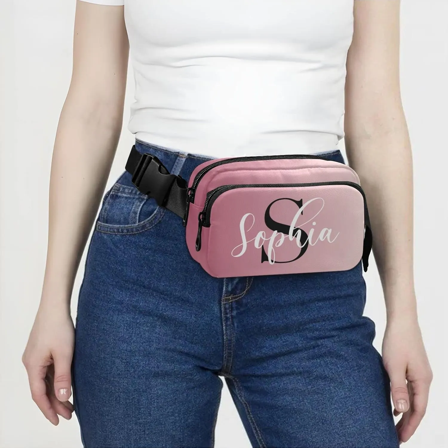 Custom Pink Gradient Fanny Pack for Women Men Personalizied Belt Bag Crossbody Waist Pouch Waterproof Everywhere Purse Fashion Sling Bag for Running Walking