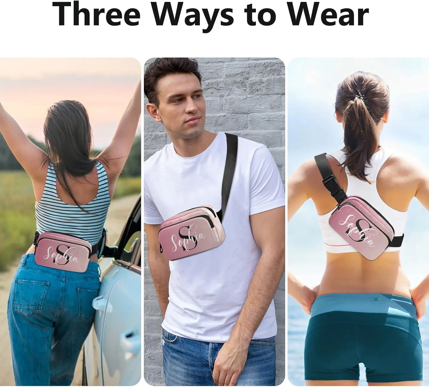 Custom Pink Gradient Fanny Pack for Women Men Personalizied Belt Bag Crossbody Waist Pouch Waterproof Everywhere Purse Fashion Sling Bag for Running Walking