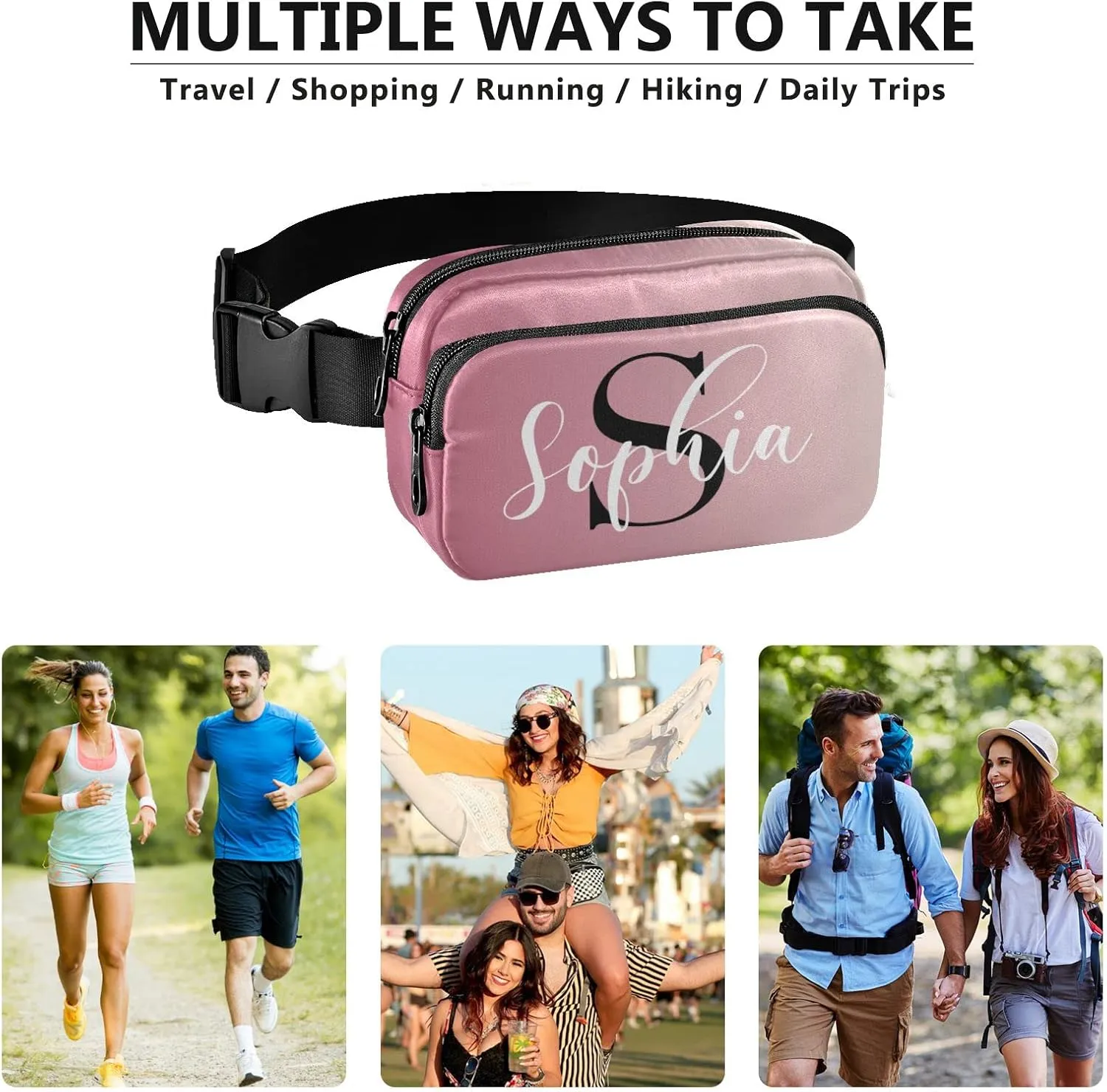 Custom Pink Gradient Fanny Pack for Women Men Personalizied Belt Bag Crossbody Waist Pouch Waterproof Everywhere Purse Fashion Sling Bag for Running Walking