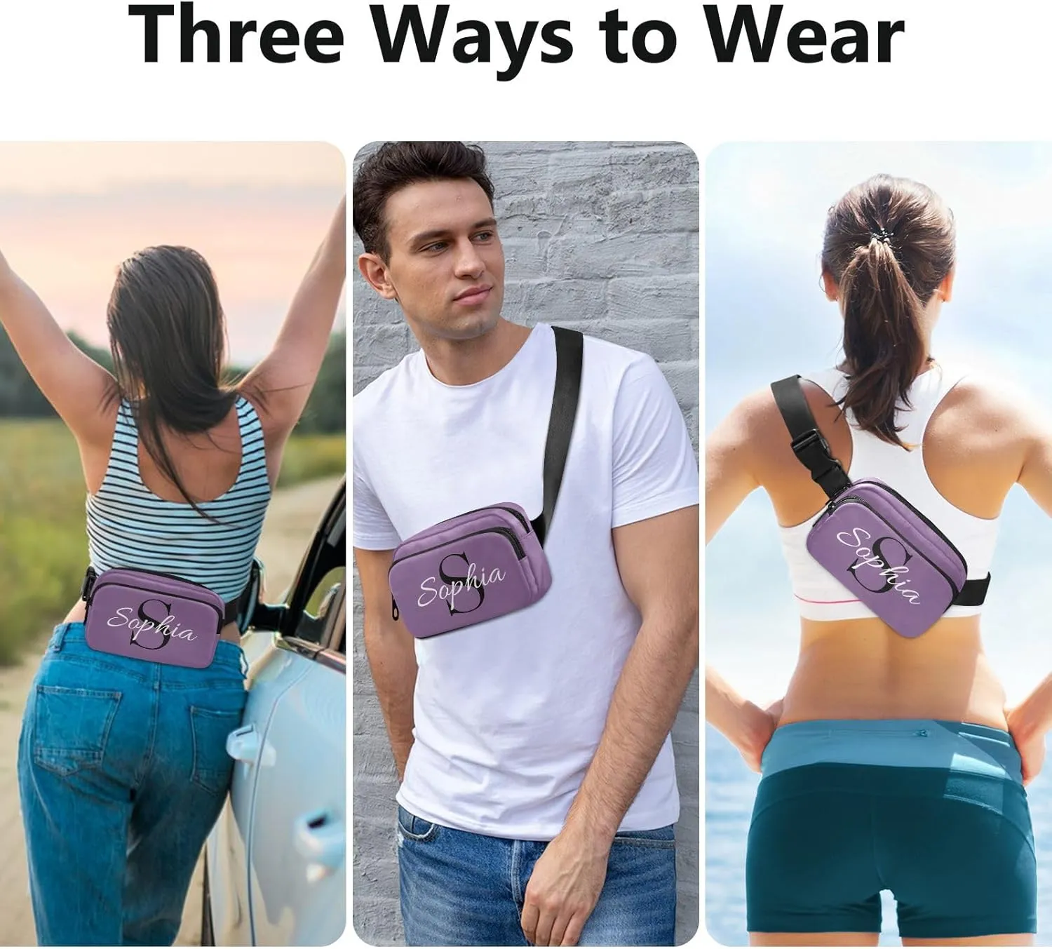 Custom Purple Fanny Pack for Women Men Personalizied Belt Bag Crossbody Waist Pouch Waterproof Everywhere Purse Fashion Sling Bag for Jogging